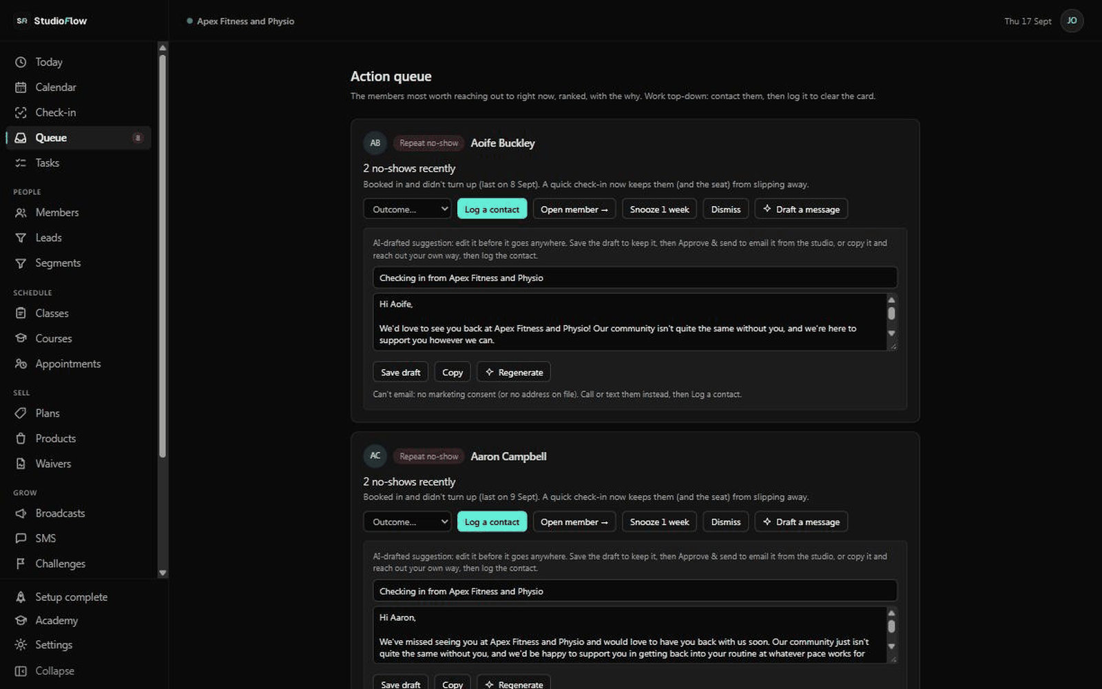 StudioFlow retention action queue showing at-risk member cards with a drafted email and an approve and send button