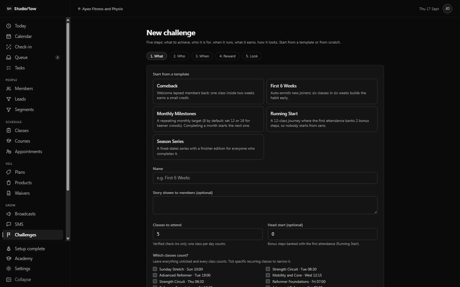 StudioFlow loyalty screen with a challenge and a collector card