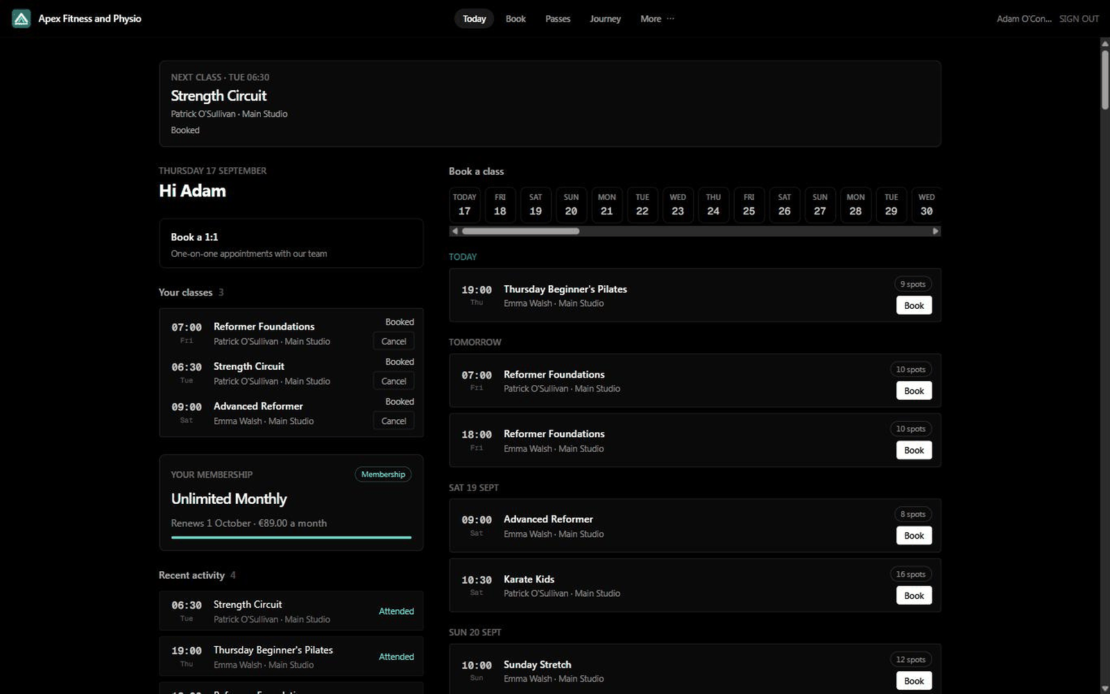 StudioFlow member portal booking view on a phone, showing upcoming classes